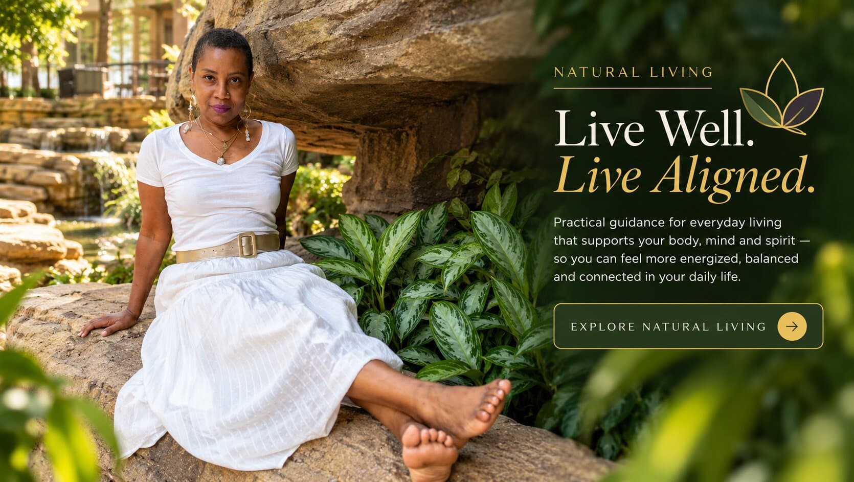 Dr. Crystal Garrett in white, seated on a rock in a garden, beside the words Live Well. Live Aligned.