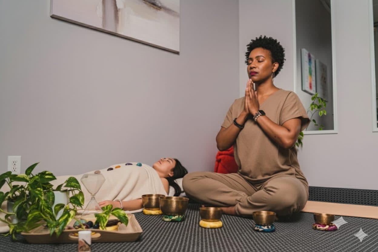 Dr. Crystal guiding a private healing session with chakra stones