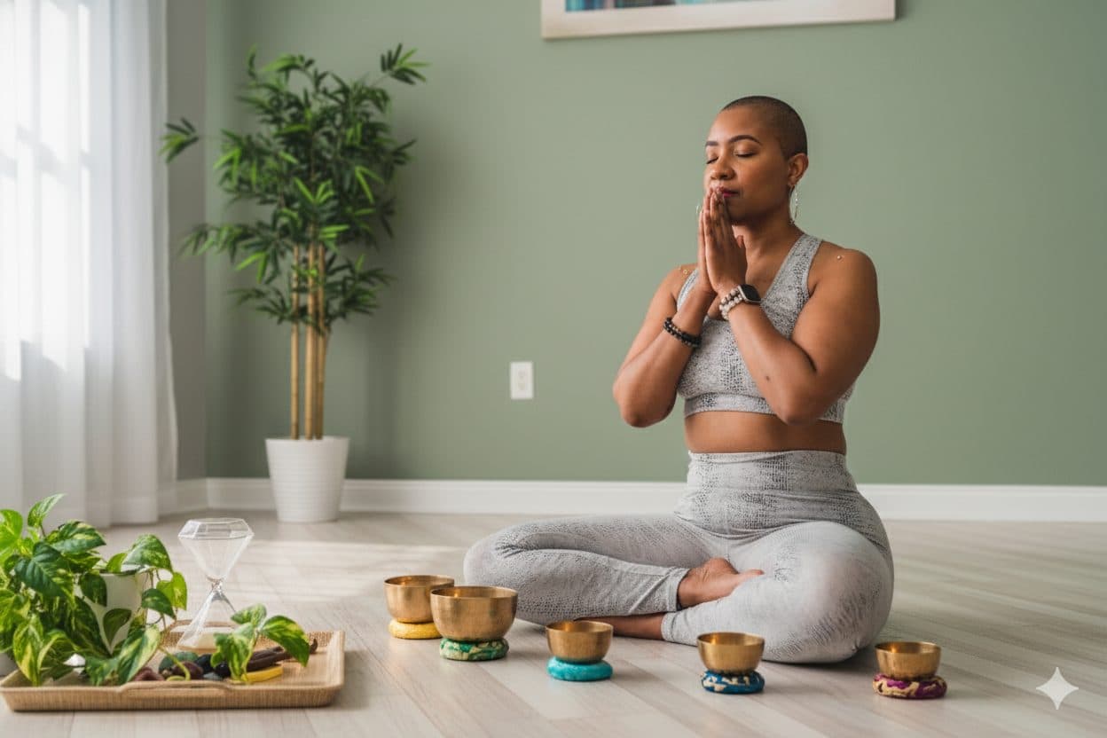 Dr. Crystal performing herbal healing treatment with singing bowls and botanicals