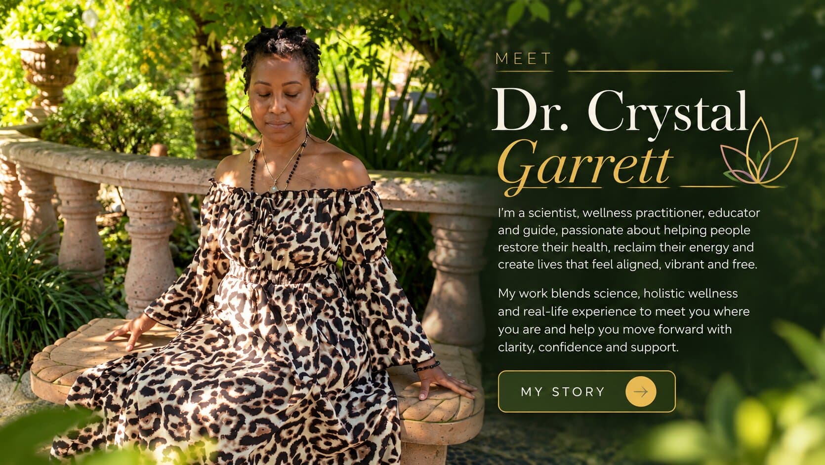 Dr. Crystal Garrett seated on a stone bench in a sunlit garden, beside the words Meet Dr. Crystal Garrett